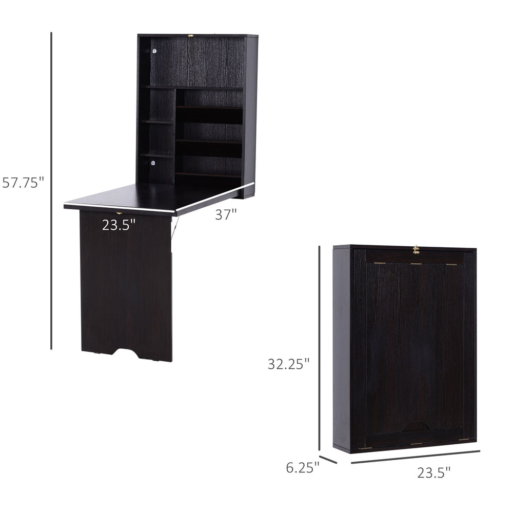 English Elm Wall Mounted Floating Fold Out Desk for Small Spaces with Built in Storage Shelves T3971P383984