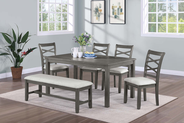 English Elm 6 6-Pcs Dining Set Rustic Gray Rectangular Table with Bench & 4 Padded Ladder-Back Chairs for Cozy Meals B089S00178