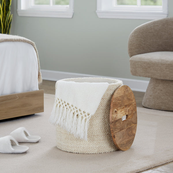 English Elm Wood Lidded Storage Ottoman Handwoven Wool Artisan Texture for Bohemian Living Spaces B202P471523