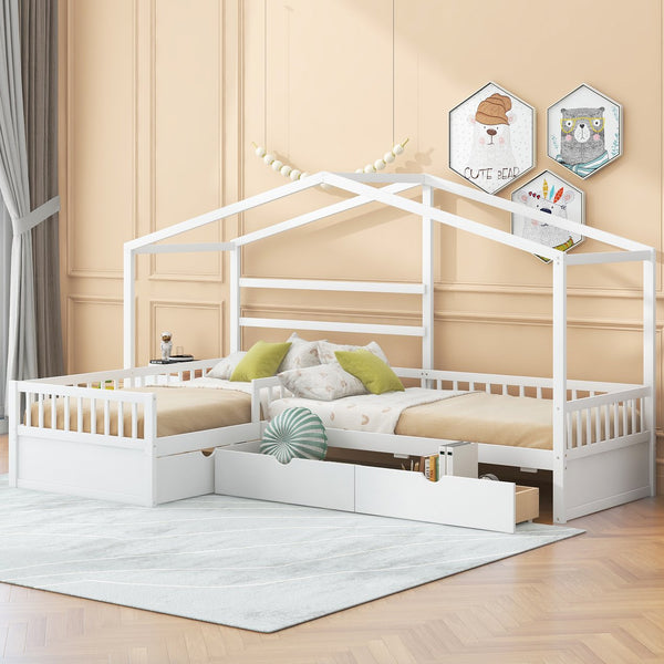 English Elm Twin House Platform Bed with Three Storage Drawers for Kids, Solid Pine & MDF, Sleek Roof Design White GX001026AAK