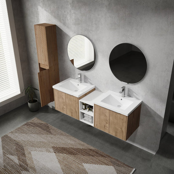 English Elm 60" Wall-Mounted Bathroom Vanity Set With Soft Close Doors, Resin Sinks & Organized Side Cabinets W999S00231