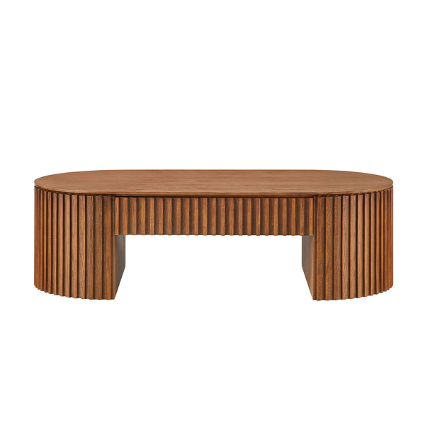 English Elm 51.18'' Oval Mdf Coffee Table with Hidden Drawer Mid-century Pedestal Base Brown W876P370284