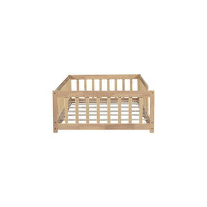 English Elm Twin Low Profile Rubberwood Floor Bed with Full Safety Fence for Toddler Rooms Natural W504P429336