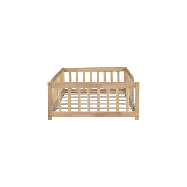 English Elm Twin Low Profile Rubberwood Floor Bed with Full Safety Fence for Toddler Rooms Natural W504P429336