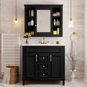 English Elm 36'' Bathroom Vanity with Sink and Mirror Cabinet, Modern MDF & Solid Wood Design, Ceramic Top, Soft-Close Doors Black SW000115AAB-1