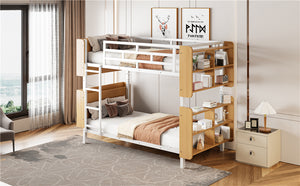 English Elm Twin Metal Bunk Bed with Built-In Headboard Storage and Footboard Shelves, Sturdy Space-Saving Design White SF000176AAK