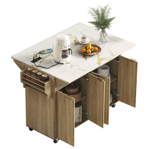 English Elm K&k Fluted Rolling Kitchen Island Faux Marble Top Power Outlet Storage Drawers Natural N707P353934Y