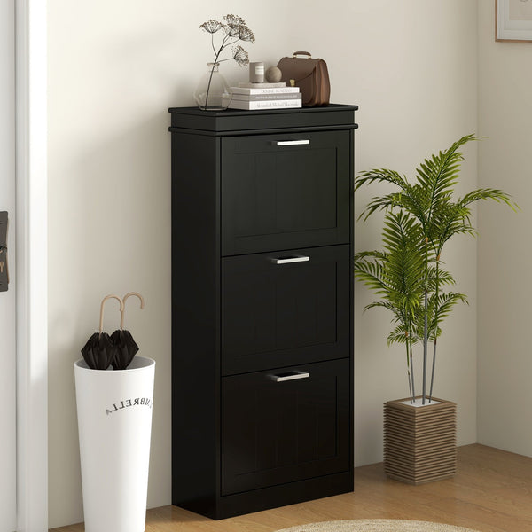 English Elm Homcom Slim Shoe Cabinet - Modern Entryway Organizer With 3 Flip Drawers For 15 Pairs, Black Finish W2225P229501