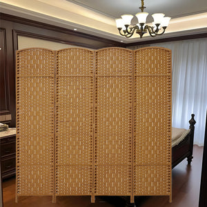 English Elm 4 Panel Room Divider Folding Screen Privacy Partition Wood Woven Panels Portable Rustic Room Splitter Natural Wood W3198P299263