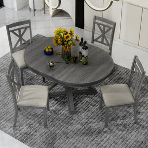 English Elm Trexm Retro Extendable Round Dining Set with Four Linen Upholstered Chairs Rubberwood Grey ST000141AAE-2026