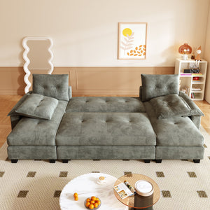 English Elm 104.7" U-Shaped Sleeper Sofa with Pull-Out Bed, Convertible Modular Sectional with Chaise, USB Ports, Chenille Upholstery LIGHT GREY W1885S00212
