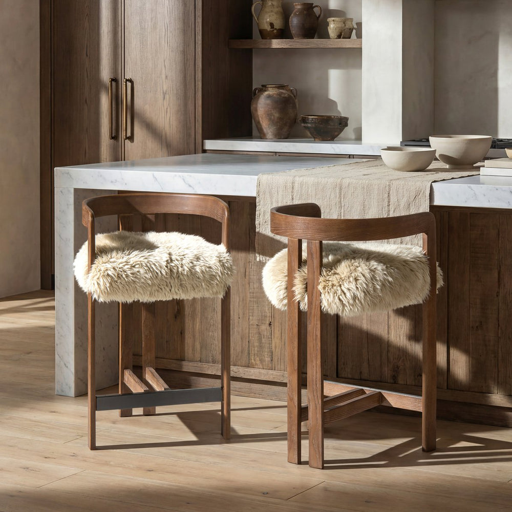 English Elm Millwick Sheepskin Fur Counter Stool Solid Ash Wood Frame Farmhouse Kitchen Seating B2719P479033