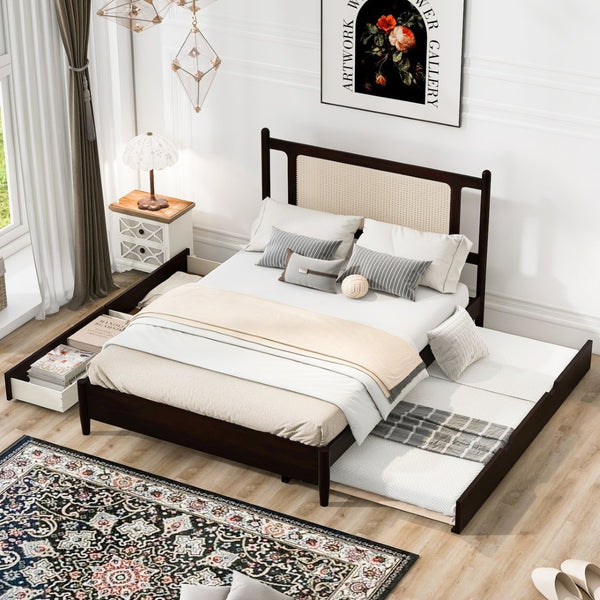English Elm Queen Size Wooden Rattan Platform Bed With Spacious Storage Drawers & Twin Trundle In Espresso Finish N820S00002P-GIGA