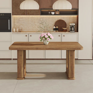 English Elm 64.5 Inch Stylish Wood-Textured Dining Table 64.5x35.4 MDF Top with Brown Glass Inlay, Modern Durable Design W1151S03541