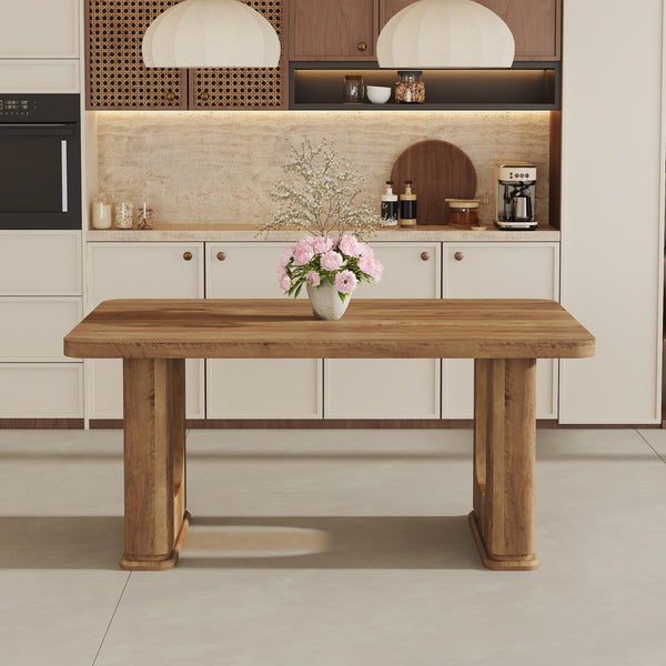 English Elm 64.5 Inch Stylish Wood-Textured Dining Table 64.5x35.4 MDF Top with Brown Glass Inlay, Modern Durable Design W1151S03541