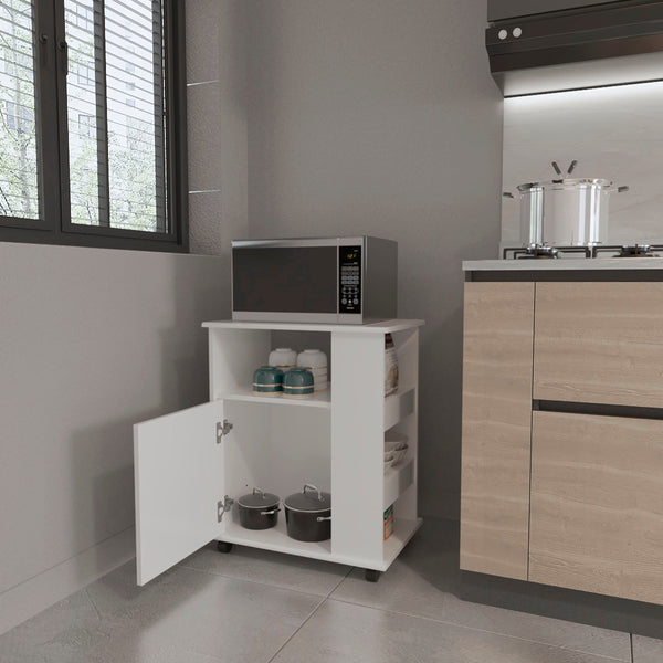 English Elm Correy 4-Shelf Microwave Cabinet with Wheels, White Mobile Storage Cart with 5 Shelves & Door for Kitchen Organization and Stylish Countertop Space B06280096