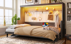 English Elm Full Murphy Bed with Fold Down Desk Led Lighting and Usb Port for Studio Spaces Dark Gray W1580S00455