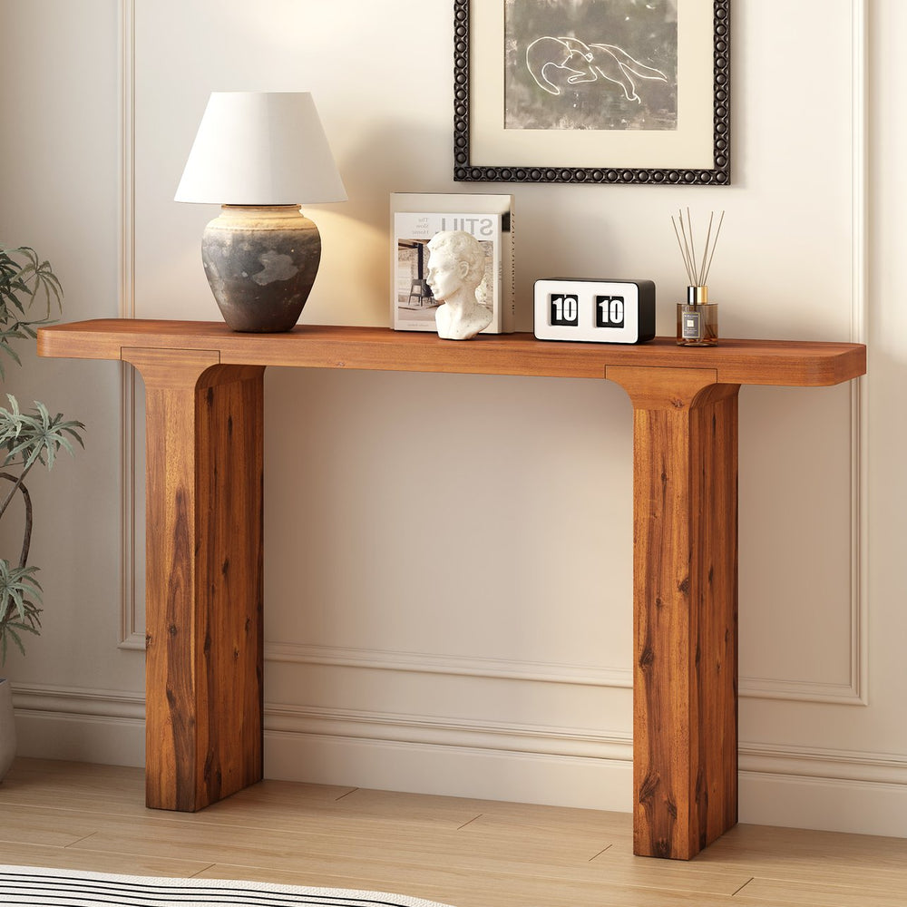 English Elm U_style Farmhouse Console Table Acacia Veneer Top Solid Wood Legs Entryway Foyer N711P207657A