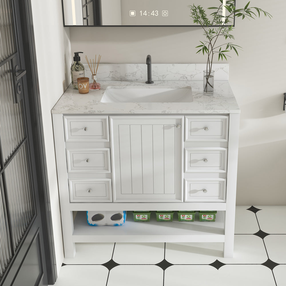 English Elm Modern 37" Bathroom Vanity With Carrara White Top - Sleek, Functional Storage & Easy Assembly! W509S00136