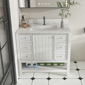 English Elm Modern 37" Bathroom Vanity With Carrara White Top - Sleek, Functional Storage & Easy Assembly! W509S00136