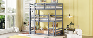 English Elm Triple Rubber Wood Bunk Bed with Built-In Ladders and Guardrails Maximizes Space for Families, Durable Design Grey W504S00174