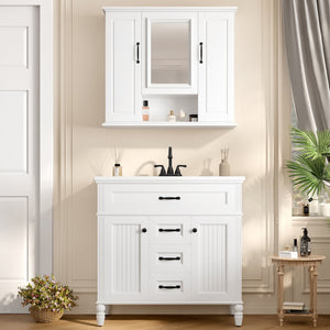 English Elm 36'' Mirror Cabinet with 3 Doors — Wall-Mounted Bathroom Storage Unit, MDF & Pine, Spacious Shelves White N725P346902K