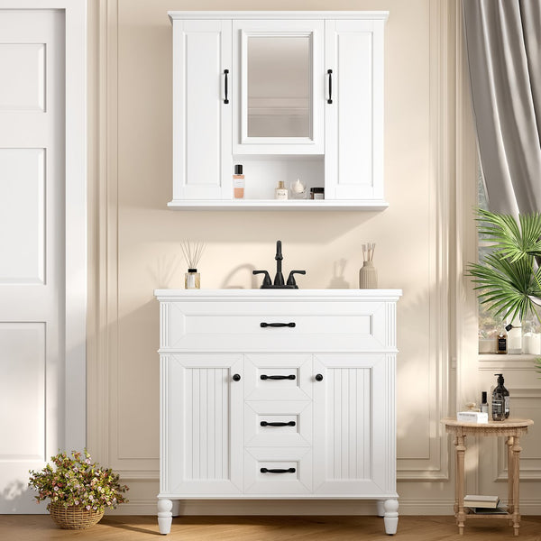 English Elm 36'' Mirror Cabinet with 3 Doors — Wall-Mounted Bathroom Storage Unit, MDF & Pine, Spacious Shelves White N725P346902K
