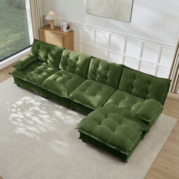 English Elm 138" Chenille Modular Cloud Sectional with Ottoman Deep Seat Lounge Sofa for Apartments Green W714S01732