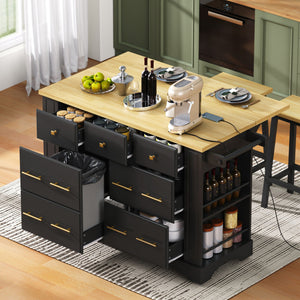 English Elm K&K Rustic Kitchen Island Cart with 6 Drawers, Pull-Out Trash Cabinet, Drop Leaf & Built-In Charging Station Black N707P307292B