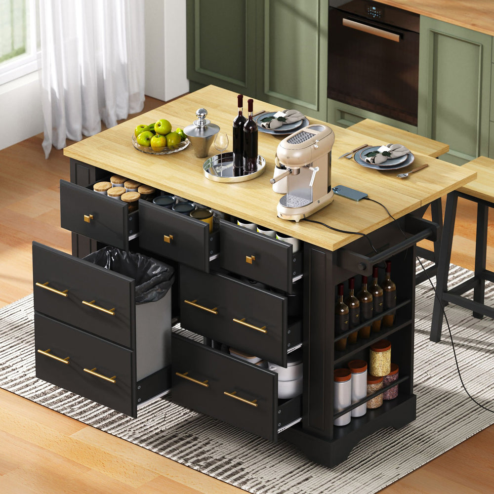 English Elm K&k Rolling Kitchen Island Six Drawers Drop Leaf Built-in Charging Vintage Style Black N707S307292B
