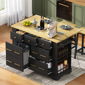 English Elm K&k Rolling Kitchen Island Six Drawers Drop Leaf Built-in Charging Vintage Style Black N707S307292B