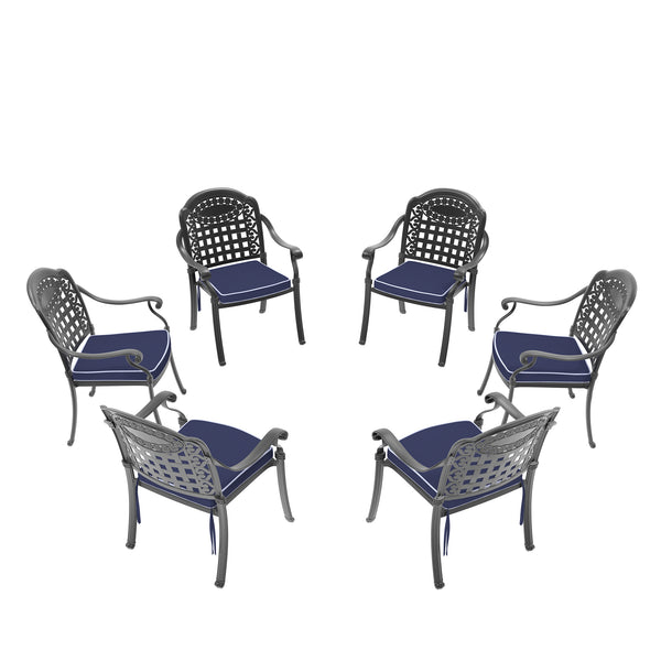 English Elm Cast Aluminum Patio Dining Chair Set Of 6 - Weather-Resistant With Blue Cushions For Outdoor Comfort W1710S00481