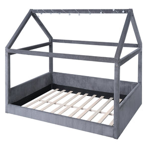 English Elm Full Size Upholstered House Daybed With Led Light Strips, Cozy Grey Corduroy For Stylish Spaces N7500001335E