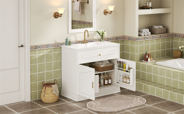 English Elm 36" Luxurious Bathroom Vanity with Ceramic Sink and Soft-Close Doors, Solid Wood Frame, Adjustable Shelves White N710P288944K