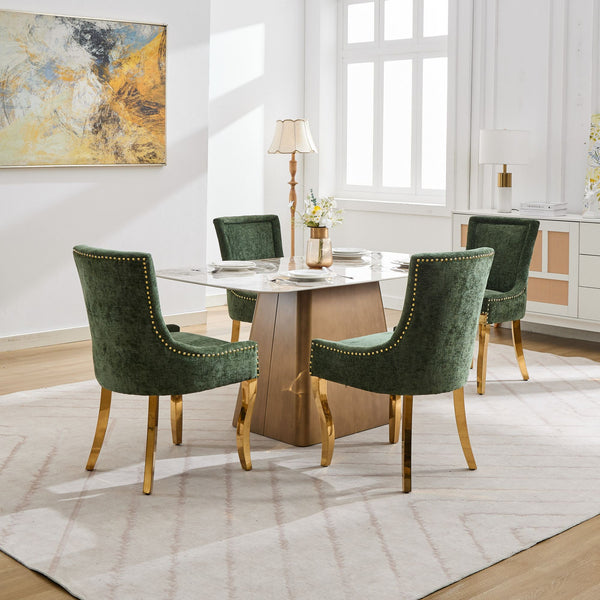 English Elm Chenille Modern Dining Chair with Curved Gold-Plated Legs, Rivet Trim, Textured Upholstery Comfort Olive Green W1143P332688