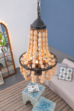 English Elm D18.9x33.1" Beaded Wood Iron 4-light Chandelier Bohemian Foyer Dining Statement Fixture W2078P411232