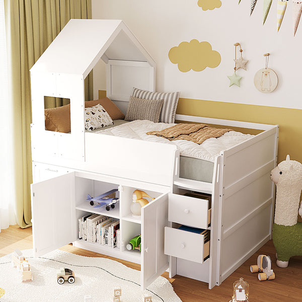 English Elm Twin House Loft Bed with Pull Out Rolling Desk Stair Drawers and Cabinet Storage White N820S00072K