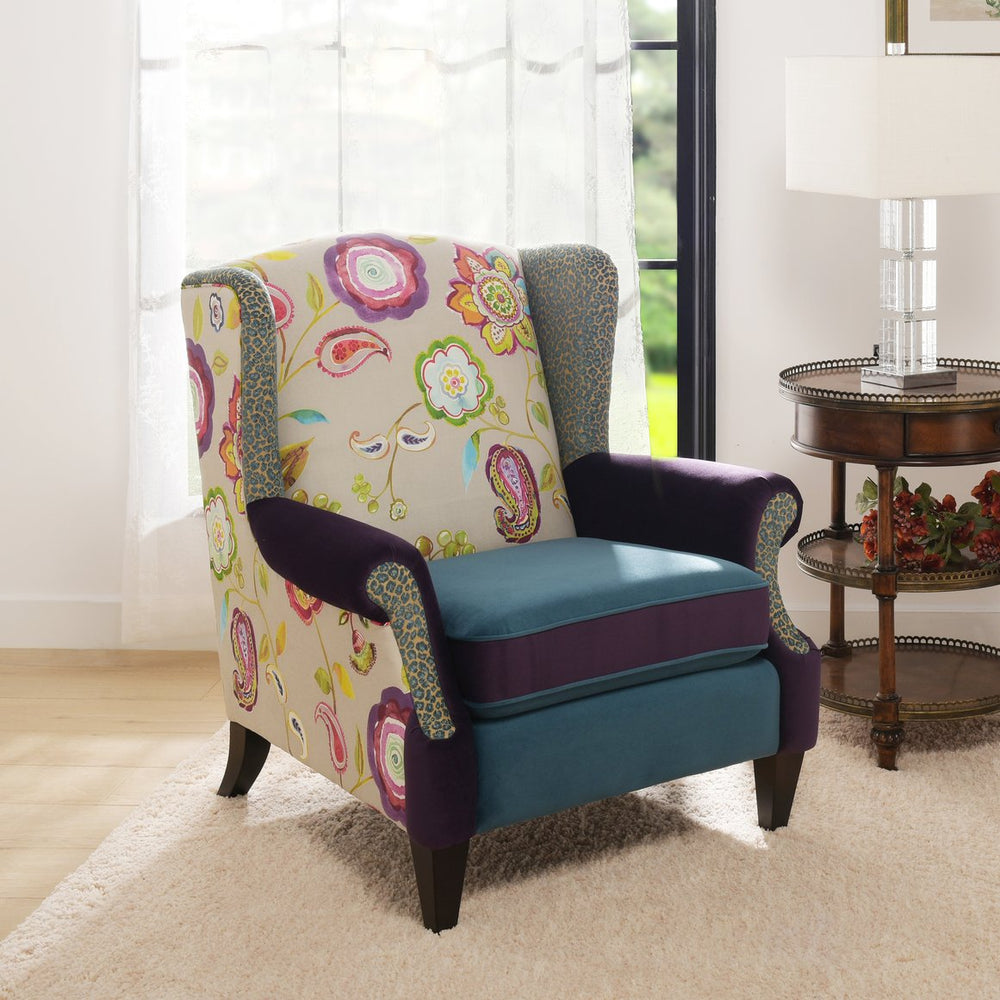 English Elm Jennifer Taylor Home - Anya Boho Chic Wingback Accent Chair - Luxurious Floral & Leopard Velvet In Blue-Teal & Purple B2719P238251