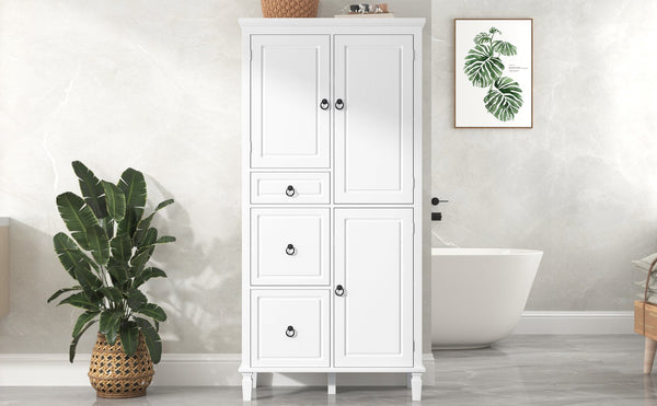 English Elm Retro Multi-Functional Storage Cabinet with Adjustable Shelves, 3 Drawers & Doors, Stylish White Organizer for Living Room Bathroom Kitchen Office - Elegant, Space-Saving Design N725P236498K