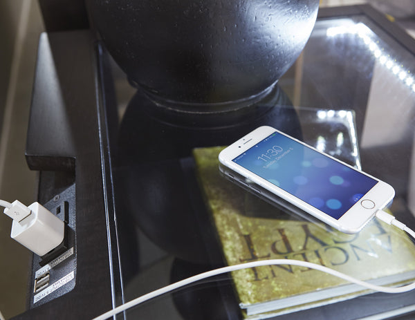 English Elm Modern Larchmont Nightstand with LED Undershelf Light, Glass Top, USB Power Strip, Charcoal Finish B011P201586