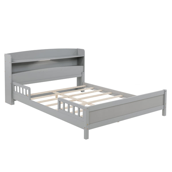 English Elm Full Pine Wood Bed with Bookcase Headboard and LED Motion Sensor Light, Guardrails & Storage Space Grey W504P277598