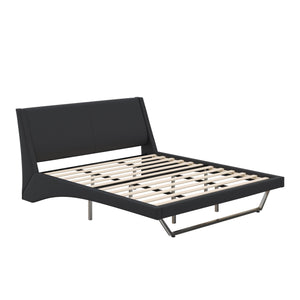 English Elm Queen Pu Leather Platform Bed Sculptural Wave Base Floating Silhouette Modern Bedroom Black N761S0000032B