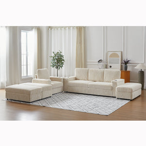 English Elm Corduroy minimalist coffee table conversion sofa set with cup grooves, recliner comfort and L-shaped layout for hosting Beige W834S00546