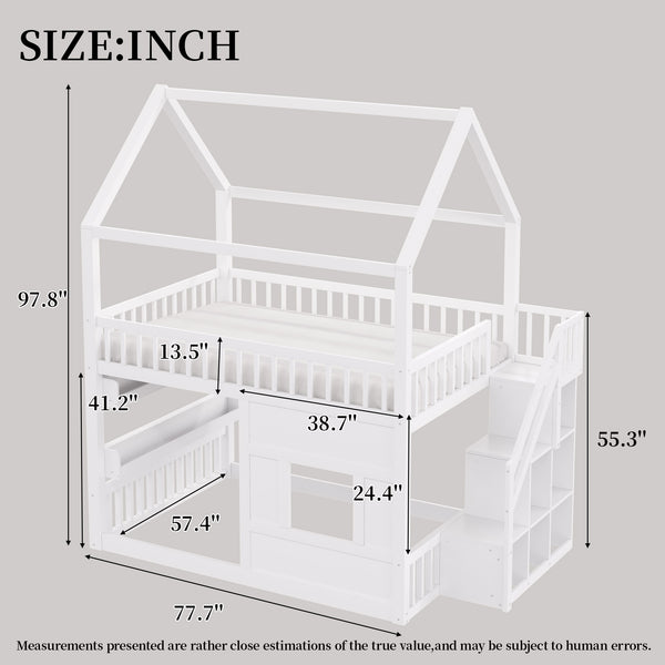 English Elm Full Size Solid Wood House Bed with Led Shelf Lighting for Kids Bedroom White N7500005026K