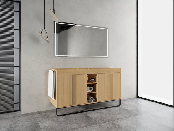 English Elm 60" Modern Freestanding Bathroom Vanity with 4 Soft-Close Doors, 3 Open Shelves, Towel Hanger, 8 Boxes W999P376886