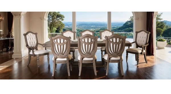 English Elm Vintage Luxury Dining Room Furniture Set - Weathered Oak 9Pc With Tufted Beige Chairs & Pedestal Table B2741S00751-GIGA