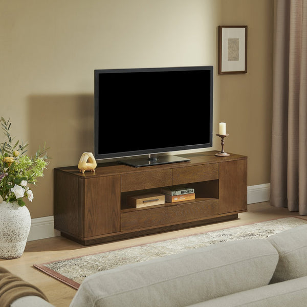 English Elm 59" Mid-century Walnut Entertainment Center Low Profile Media Console with Carved Cabinets W1801P457802