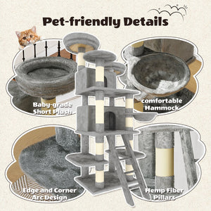 English Elm Large 7 Tier Plush Cat Tree with Dual Condos Hammock Sisal Posts for Multi Cat Homes Gray W1578P447623