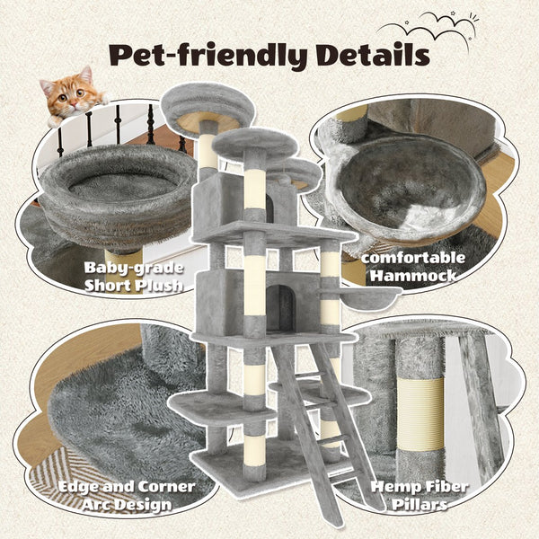 English Elm Large 7 Tier Plush Cat Tree with Dual Condos Hammock Sisal Posts for Multi Cat Homes Gray W1578P447623