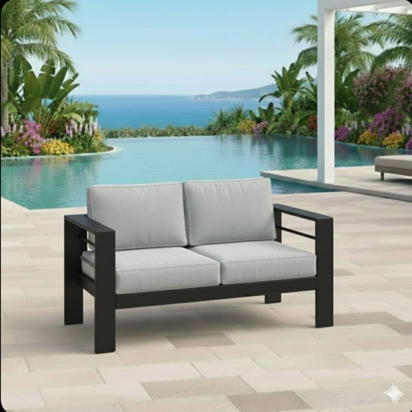 English Elm 52" Outdoor Iron Loveseat with Olefin Cushions for Patio Deck or Poolside Use Black+Grey B082P455109
